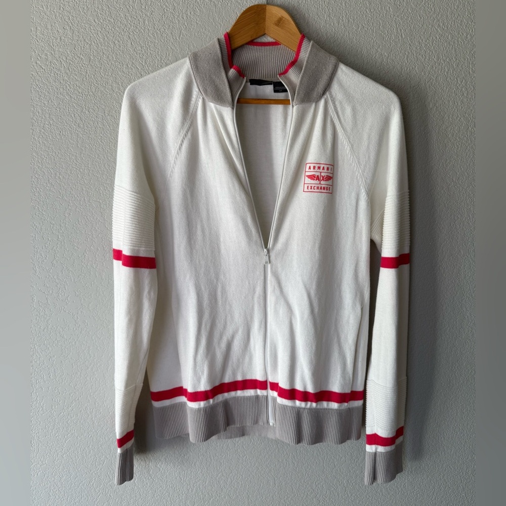 Armani Exchange Zip-Up Knit Jacket – Cream & Red Stripe – Logo Patch – Size S